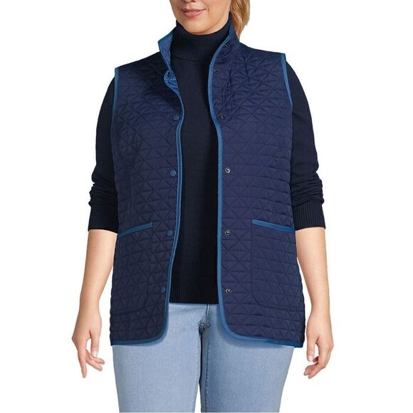 Land’s End Plus Size Reversible Quilted Sleeveless vest pockets navy check 3X - Picture 1 of 6
